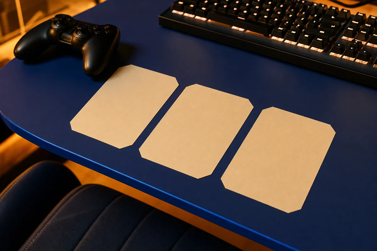 A text-free editorial scene of three neatly arranged pass cards represented by blank cream cards on a cobalt-edged table beside a controller and keyboard, with warm lounge lighting and no readable labels or numbers.