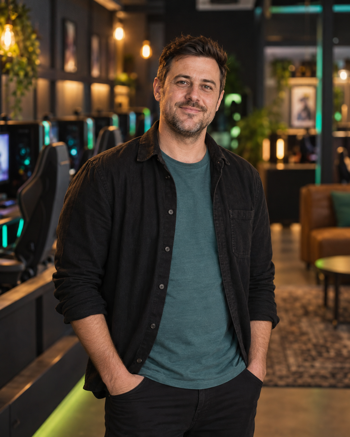 Alex Mercer, founder and community director, standing in the Lane7 gaming lounge
