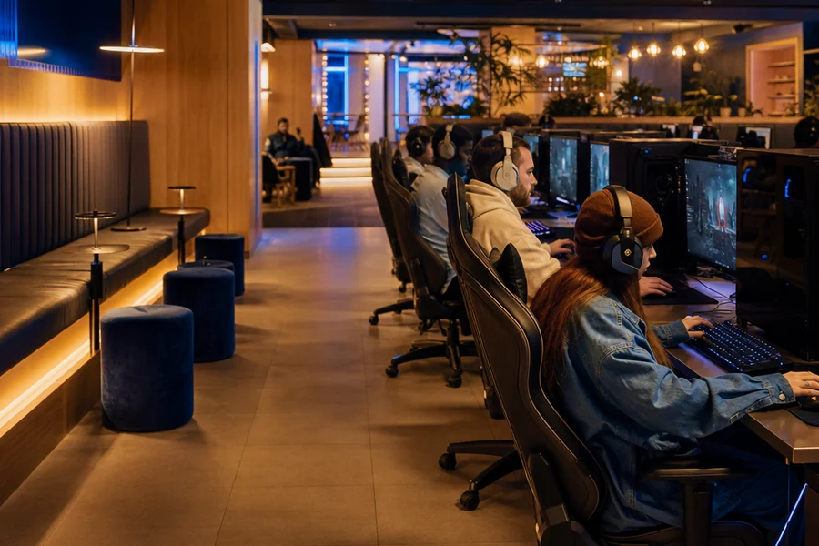 A warm, unbranded Manchester gaming lounge interior with softly lit PC stations, cobalt accents, cable-managed desks and a clear open walkway, photographed as a text-free documentary scene with quiet negative space.