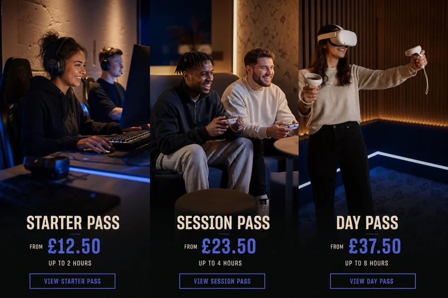 A text-free documentary scene showing three distinct areas within a warm gaming lounge: softly lit PC desks, a pair of console seats and a separate introductory VR space, with no visible logos or screens containing readable content.